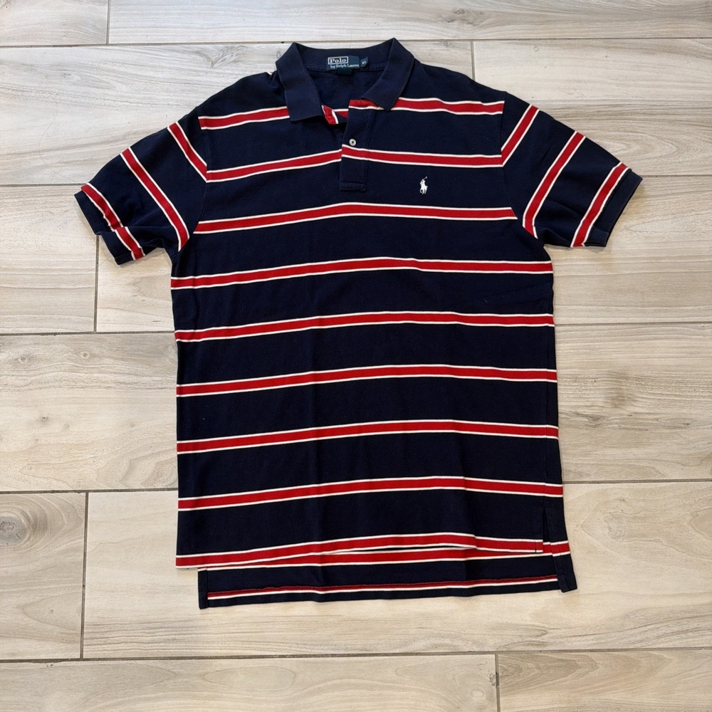 Polo Ralph Lauren Mens XL Navy Blue Red White Striped Short Sleeve Polo Shirt